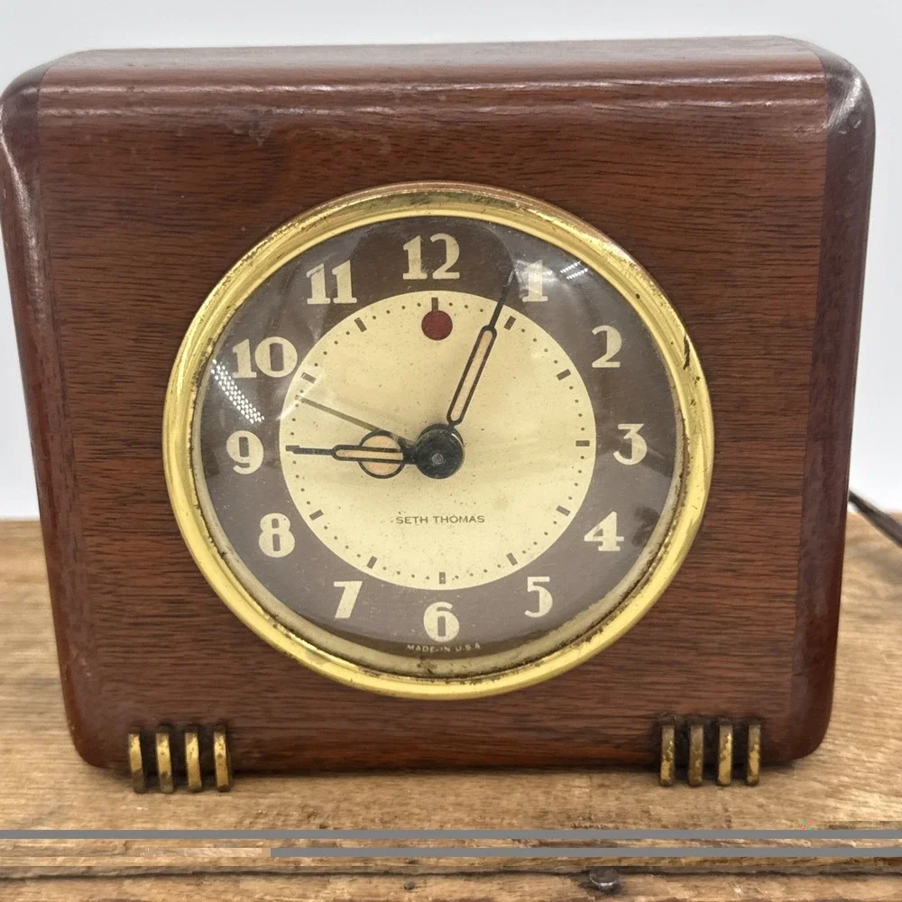 Vintage Seth Thomas MCM Wood Desk Clock Model ECHO-3E Works Electric w/Alarm